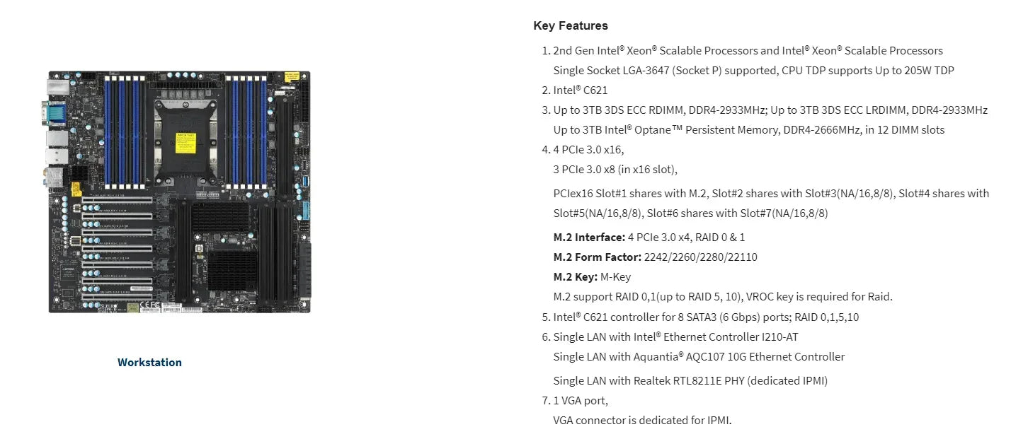 Refurbished C9X299-RPGF X299 Server Motherboard 1x I9-10980XE CPU 18C/36T 165W DDR4 8x16G=128G 2400MHz RECC Memory for LGA2066