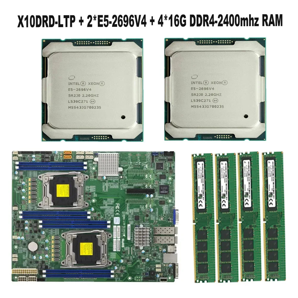 X10DRD-LTP Motherboard LGA2011-3 +2* E5-2696V4 22C/44T 150W CPU Processor +4*16GB = 64GB DDR4-2400mhz Memory for Server