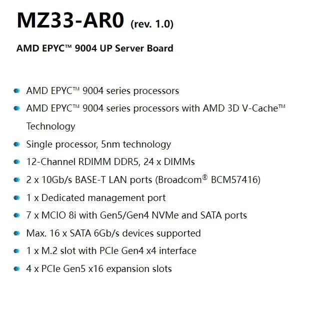 Certified Refurbished MZ33-AR0 Server System Board SP5 Socket LGA 6096 DDR5 USB 2.0/3.0 Ports EPYC 9004 Series Processors