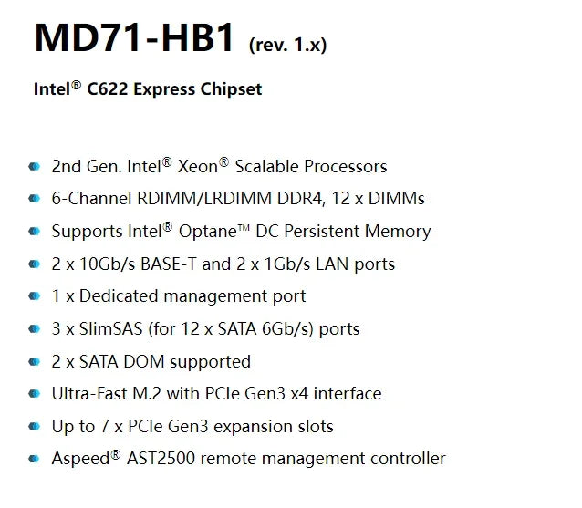 Gigabyte MD71-HB1 (rev.1.x) Server Motherboard Intel C622 Express Chipset 2nd Gen DDR4 Refurbished LGA 3647 Socket USB 3.0/2.0