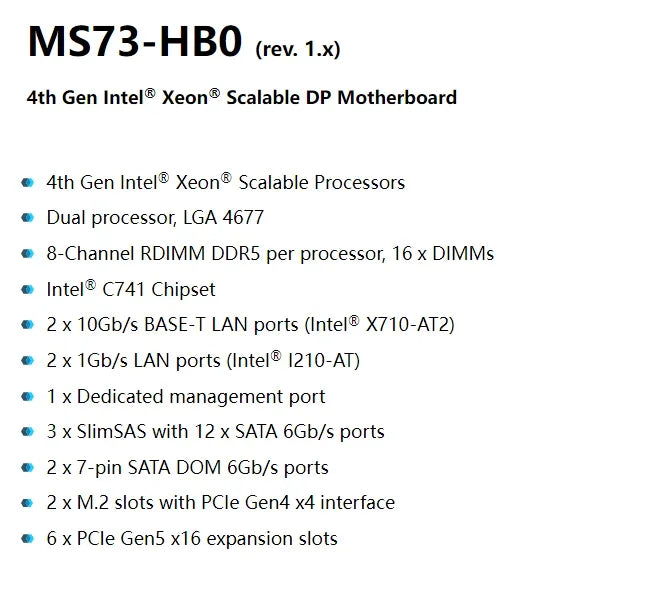 Gigabyte MS73-HB0 (rev.1.x) Refurbished Server Motherboard 4th Gen ChatGpt Xeon LGA 4677 Intel C741 DDR5 Processor Tested Well
