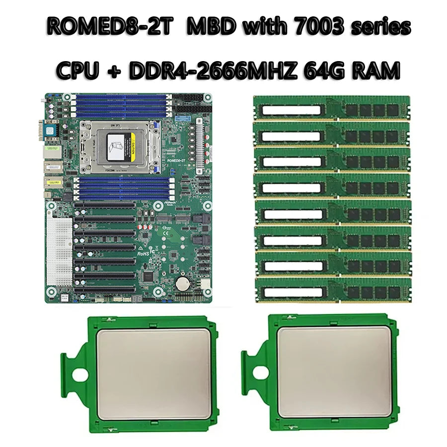 ROMED8-2T Motherboard + 64GB DDR4-2666 RAM EPYC 7663 7763 7713 7643 75F3 7543 7453 7443 73F3 7413 7513 7343 7313 CPU