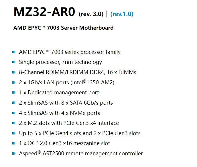 Gigabyte MZ32-AR0 E-ATX Motherboard Flash BIOS Supports EPYC 7003 Series Socket SP3 CPU 16 DDR4-3200 RAM Four Channels SATA Used