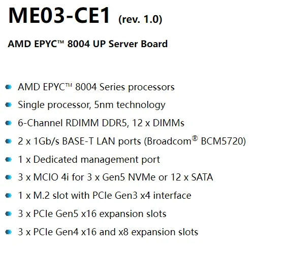 For Gigabyte ME03-CE1 (rev.1.0) Motherboard AMD EPYC 8004 Series Processors DDR5 Processor Tested Well Bofore Shipping