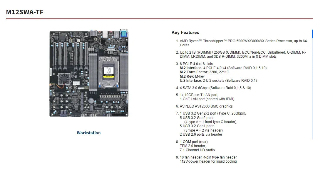 Refurbished Server M12SWA-TF ATX Motherboard AMD WRX80 Chipset + EPYC 5945WX CPU + 2x32GB DDR4 3200MHz RAM + SATA + 6 Integrated