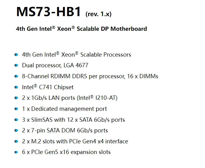For Gigabyte MS73-HB1 (rev.1.x) Motherboard 4th Gen ChatGpt Xeon LGA 4677 ChatGpt C741 DDR5 Processor Tested Well Bofore Shippi