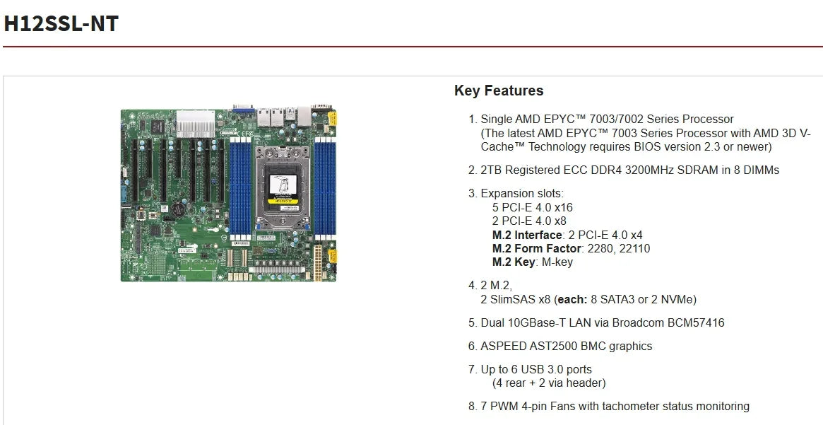 Refurbished H12SSL-NT Server Motherboard Socket SP3 +1* EPYC 7502 32C/64T 180W CPU +4* 32GB=128GB DDR4-2666 RAM
