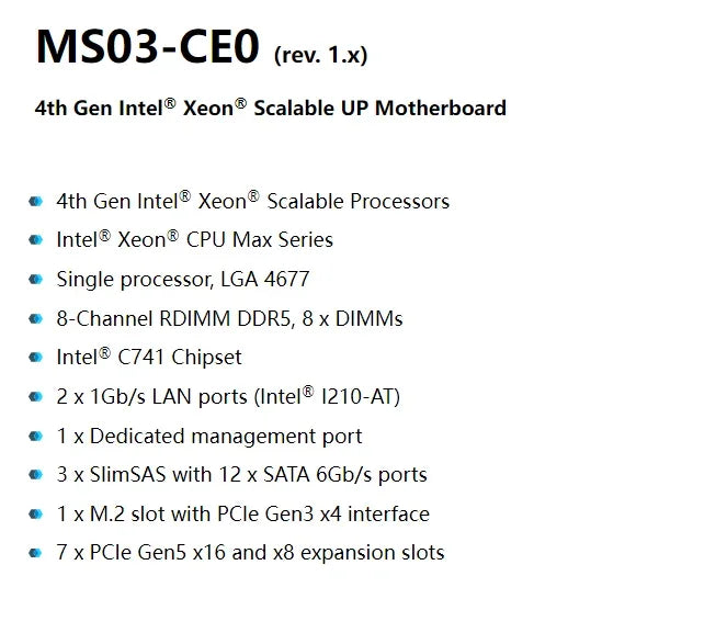 MS03-CE0 ATX Server Motherboard Supports Four 5th/4th Gen LGA4677 Socket DDR4/DDR5 RDIMM 8 X DIMM Slots Intel C741 Chipset SATA