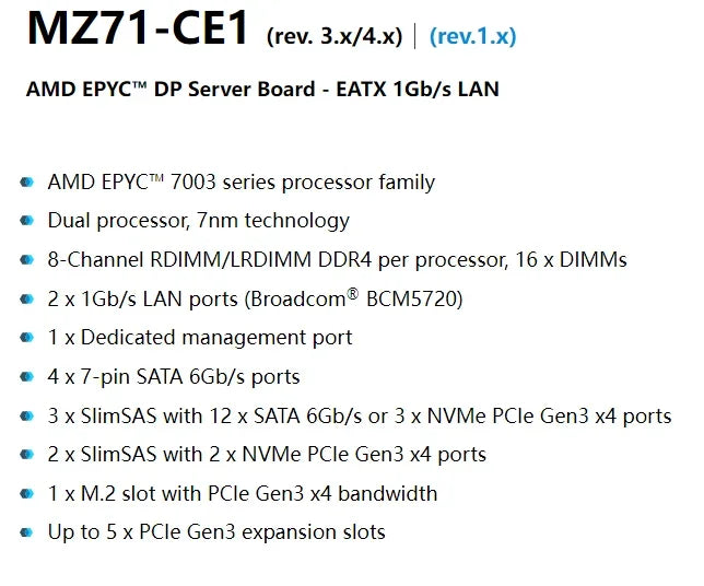 For Gigabyte MZ71-CE1 (rev.1.x) Motherboard EPYC 7002/7001 Series Processors DDR4 Tested Well Bofore Shipping
