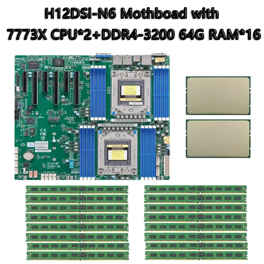 H12DSI-N6 Server Motherboard with 2* EPYC 7773X 2.2Ghz  64C/128T 768MB 280W CPU Processor and 16*64GB DDR4 3200mhz RAM Memory