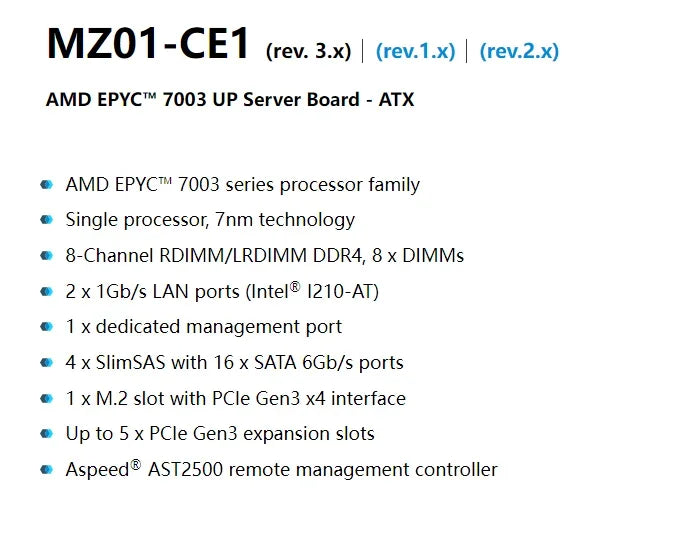 Refurbished Gigabyte MZ01-CE1 (rev.3.x) Server Motherboard AMD EPYC 7003 Series Processors DDR4 RAM Socket SP3/LGA 4094 System