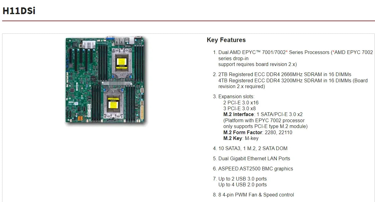 For H11DSI REV2.0 Motherboard Socket SP3 COOLING +2* EPYC 7551 32C/64T CPU Processor +4* 16GB = 64GB RAM DDR4 2666mhz