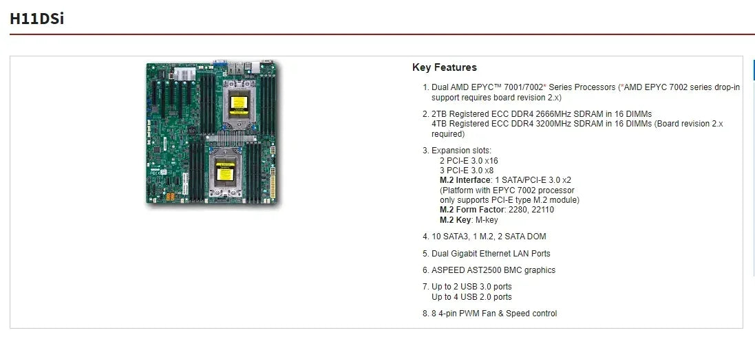 H11DSI-NT REV2.0 E-ATX Motherboard Socket SP3 + 2* EPYC 7551 32C/64T 180W CPU Processor +2* 16GB DDR4 2666mhz RAM Used
