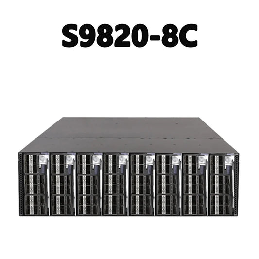 S9820-8C 25.6Tbps 8000Mpps 64 QSFP28 Ports, 8 Plug-in Slots 1 Serial Console Port, 2 Out-of-band Managed Ethernet Ports, 1 Mini