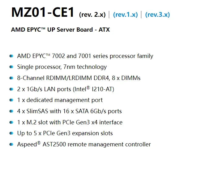 For Gigabyte MZ01-CE1 (rev.2.x) / (rev.3.x)Motherboard  EPYC 7002/7001 Series Processors DDR4  Tested Well Bofore Shipping