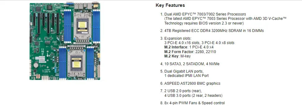 H12DSI-N6 Server Motherboard with 2* EPYC 7773X 2.2Ghz  64C/128T 768MB 280W CPU Processor and 16*64GB DDR4 3200mhz RAM Memory