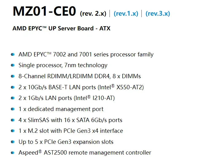 Gigabyte MZ01-CE0 (Rev. 2.x) Motherboard Compatibility for AMD EPYC 7002/7001 Series Processors Tested for Server DDR4 Shipping