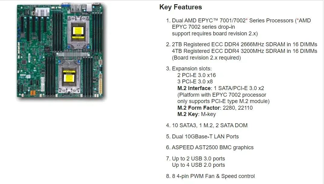 For H11DSI-NT REV2.0 Motherboard Socket SP3 +2* EPYC 7F72 24C/48T 240W CPU Processor +8* 32GB = 256GB DDR4 2933mhz RAM Memory