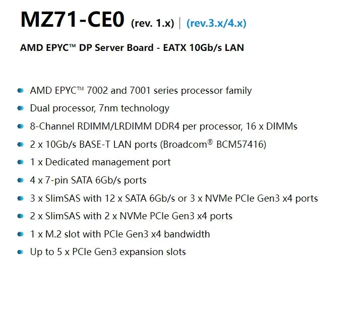 For Gigabyte MZ71-CE0 (rev.1.x)  Motherboard  EPYC 7002/7001 Series Processors DDR4  Tested Well Bofore Shipping MZ71-CEO