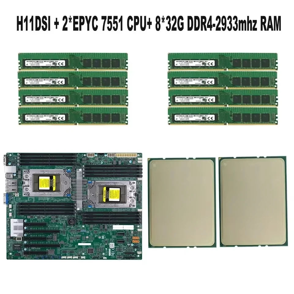 H11dsi Server Motherboard + 2x  Epyc 7551 CPU + 8x 32GB DDR4 2933MHz RAM + 2x TR4-SP3 280W Cooler Fan Tested before shipping