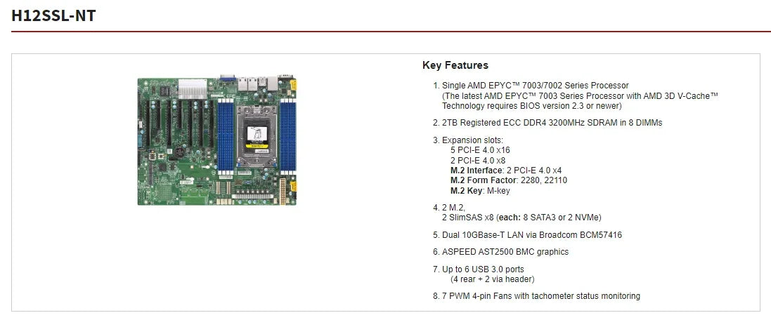 H12SSL-NT Rev 2.0 Server Motherboard + EPYC 7F72 7F52 7F32 7H12 7742 7702 7702P 7662 7642 7552 7542 7532 7502  CPU Processor
