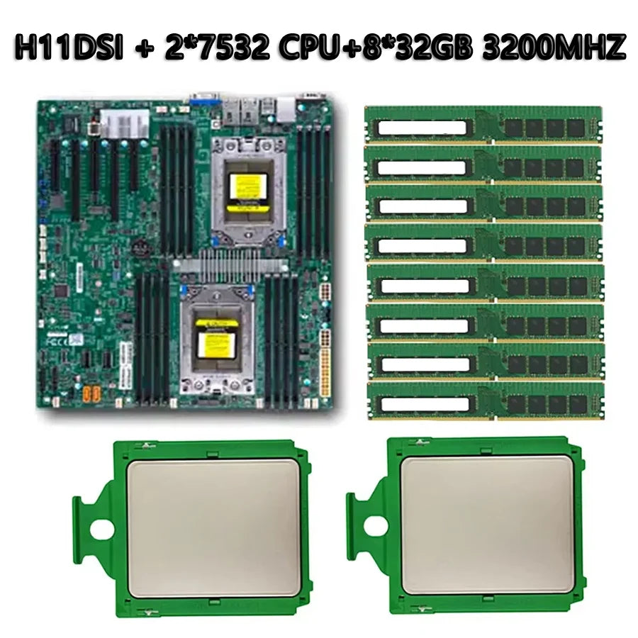 For H11DSI REV2.0 Motherboard Socket SP3 +2*EPYC 7532 32C/64T 2.4GHz 200w CPU +8*32GB =256GB DDR4 3200mhz RAM Memory