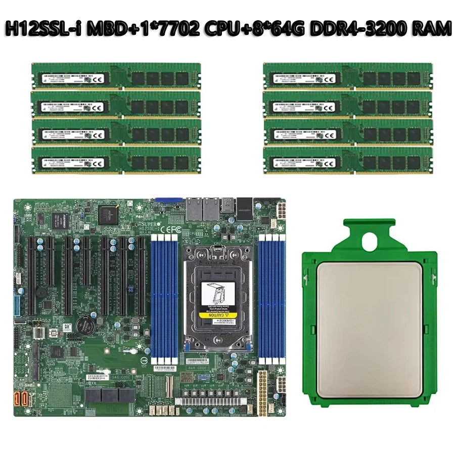 FOR H12SSL-i Motherboard + EPYC 7702 2.0GHz 64C/128T 256MB CPU Processor +8pcs* 64GB=512GB RAM DDR4 3200mhzMemory