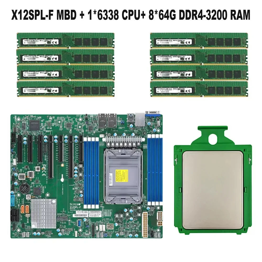 X12SPL-F for 3th C621A Motherboard +1pcs 6338 32C/64T LGA-4189 CPU Processor +8pcs 64G DDR4-3200MHZ Recc RAM Memory