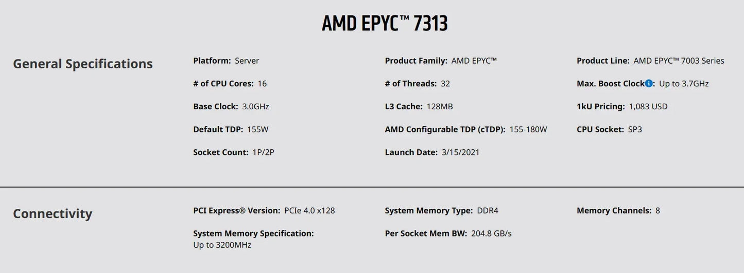 7313 for CPU Processor 1P/2P 3.0GHz 16-Cores 32-Threads 128M 155W SP3 Socket Refurbished/New Server Motherboard