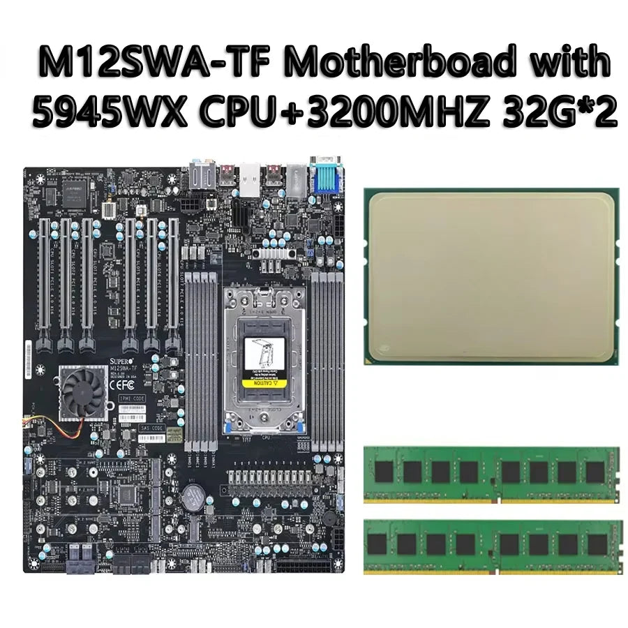 Refurbished Server M12SWA-TF ATX Motherboard AMD WRX80 Chipset + EPYC 5945WX CPU + 2x32GB DDR4 3200MHz RAM + SATA + 6 Integrated