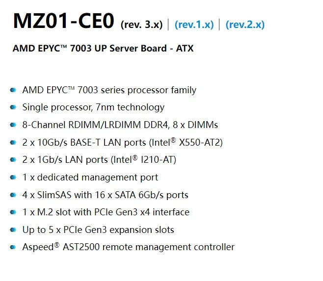 For Gigabyte MZ01-CE0 (rev.3.x)  Motherboard  EPYC 7003 Series Processors DDR4  Tested Well Bofore Shipping