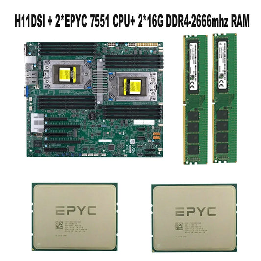 For H11DSI REV2.0 Motherboard Socket SP3 + 2* EPYC 7551 32C/64T 180W CPU Processor +2* 16GB = 32GB DDR4 2666mhz RAM