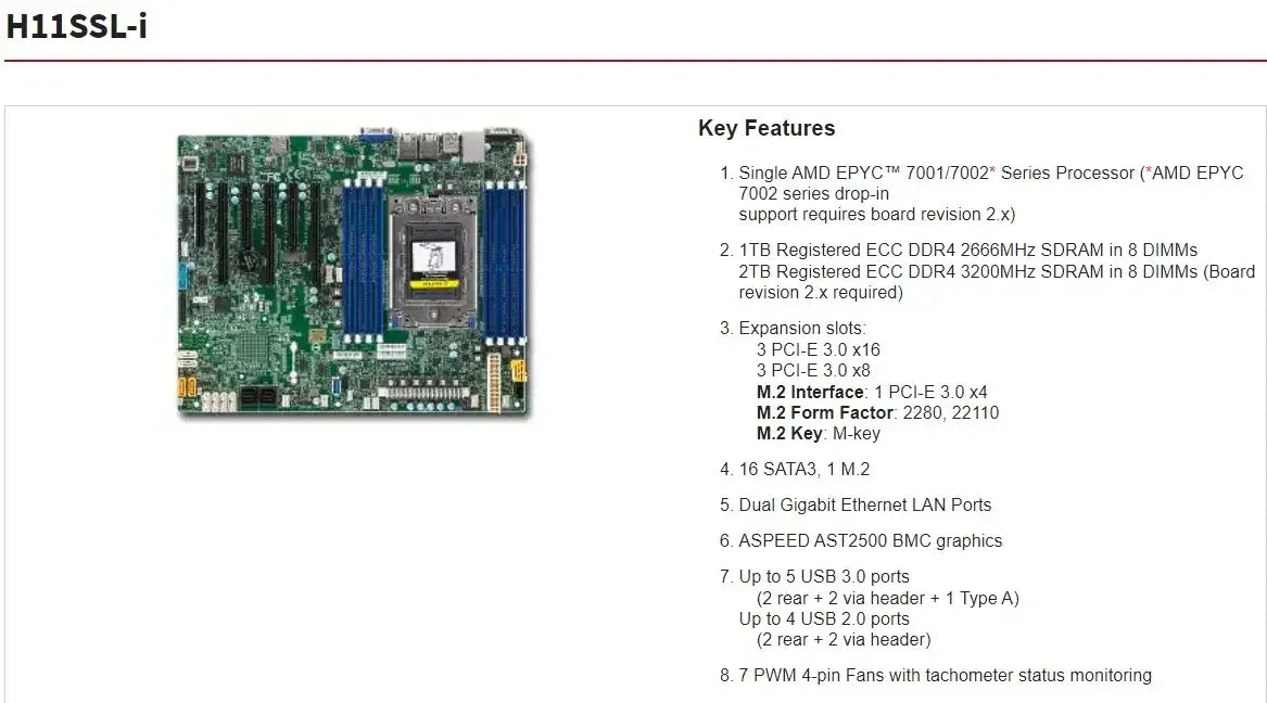 Cost-Effective DDR4 2048GB RAM Four Refurbished Used H11SSL-I Server Motherboard SP3 Socket AMD EPYC 7001/7002 Series Processors
