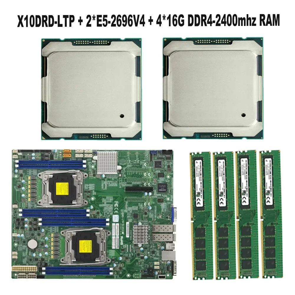 X10DRD-LTP Motherboard LGA2011-3 +2* E5-2696V4 22C/44T 150W CPU Processor +4*16GB = 64GB DDR4-2400mhz Memory for Server