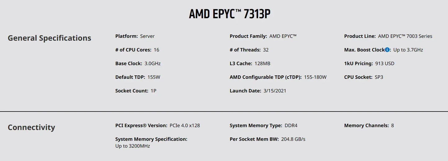 7313P EPYC CPU Processor 3.0Ghz /3.7Ghz 16-Cores 32-Threads 128M 155W SP3 Socket Support H12SSL-C/I Motherboard RAM DDR4-3200MHz