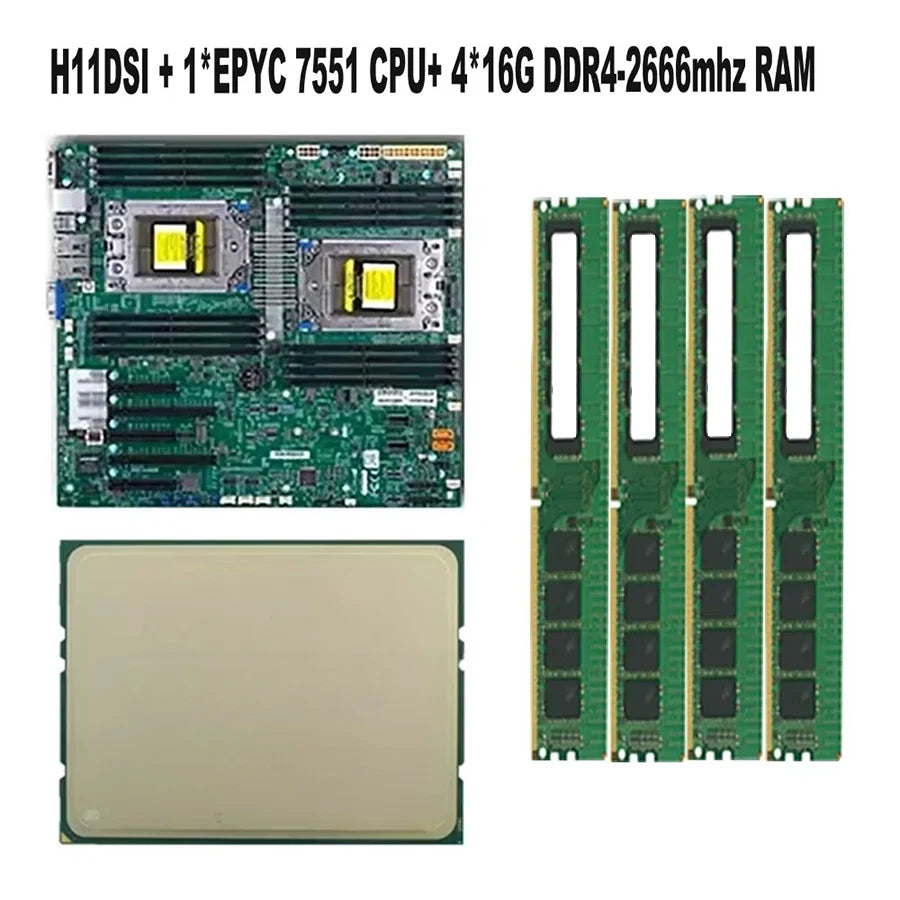 For H11DSI REV2.0 Motherboard Socket SP3 COOLING +2* EPYC 7551 32C/64T CPU Processor +4* 16GB = 64GB RAM DDR4 2666mhz
