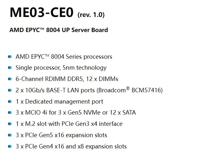 For Gigabyte ME03-CE0 (rev.1.0) Motherboard  EPYC 8004 Series Processors  DDR5 Processor Tested Well Bofore Shipping ME03-CEO