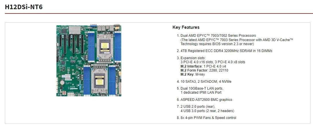 H12DSI-NT6 Motherboard For EPYC 7502 7452 7402 7352 7302 7282 7272 7262 7252 7K62 7R32 7B12 7D12 7V12 CPU Processor/16*DDR4 RAM